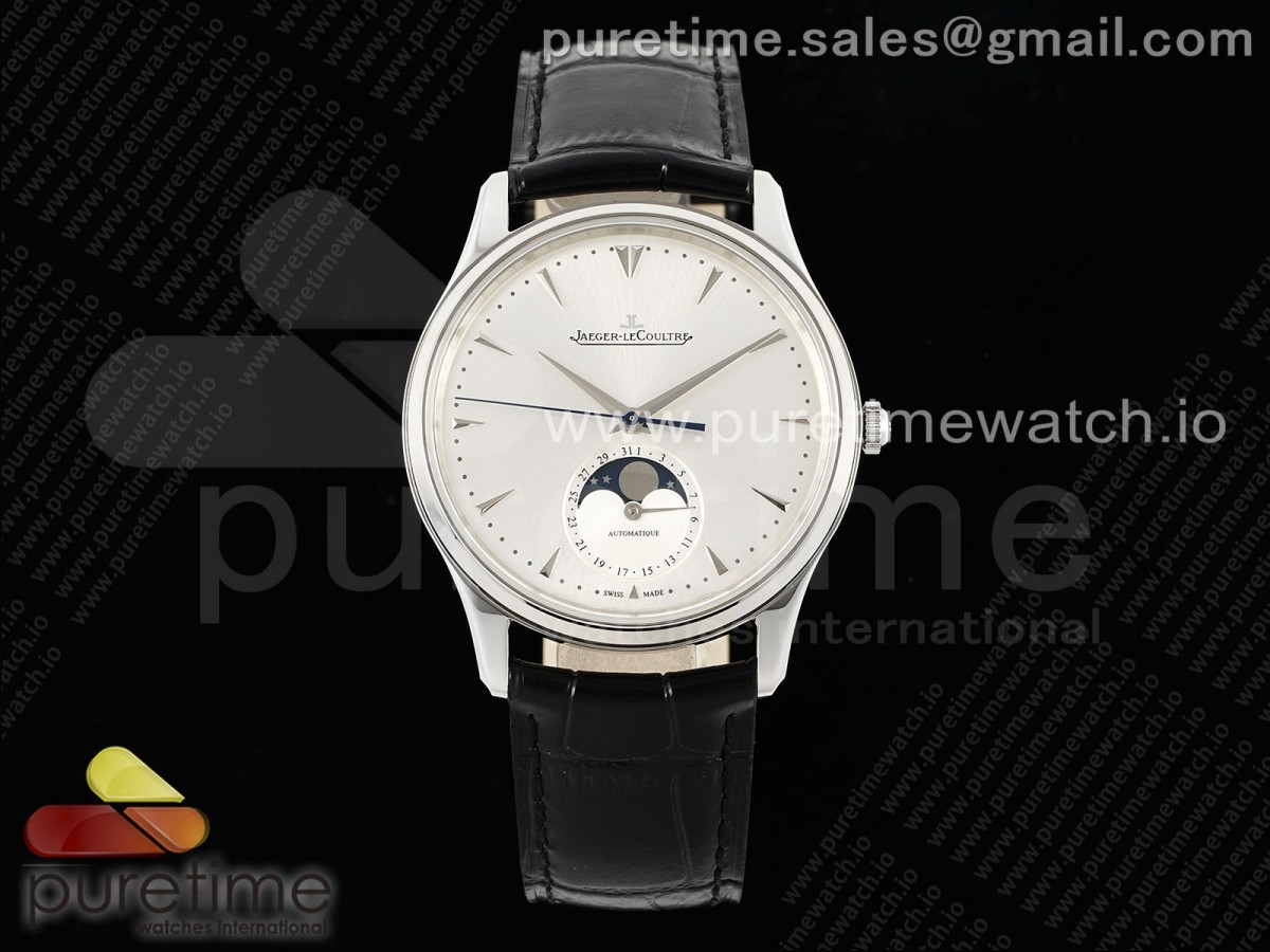 ZF V2 예거 마스터 울트라씬문 화이트다이얼 블랙가죽스트랩  Master Ultra Thin Moon 1368420 SS ZF 1:1 Best Edition White Dial on Black Leather Strap SA925 Super Clone V2