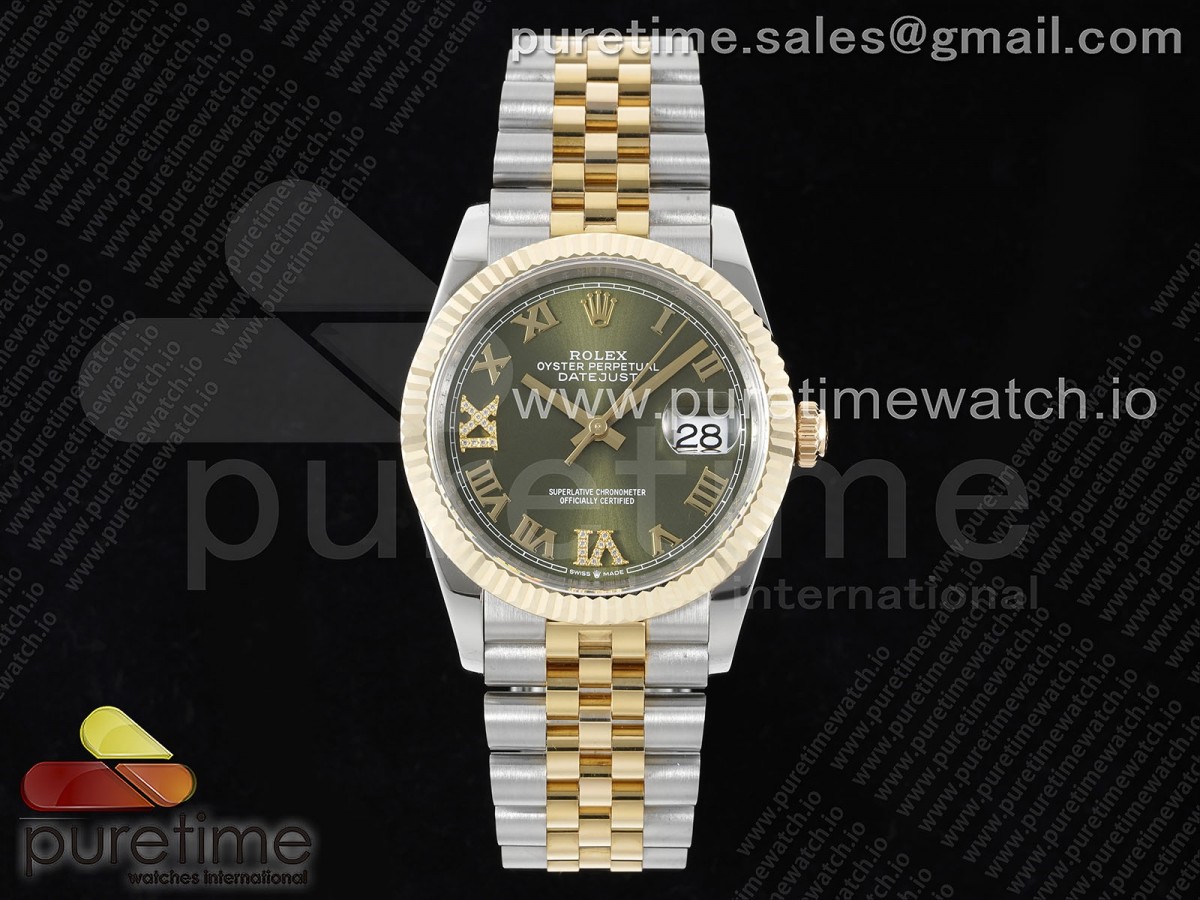 GMF 롤렉스 데이저스트36 옐로우골드 포금콤비 그린로만다이얼 스틸브레이슬릿 DateJust 36 SS/YG 126233 JDF Gold Wrapped 904L Steel Green Dial Roman Markers on Jubilee Bracelet (Increase Weight)