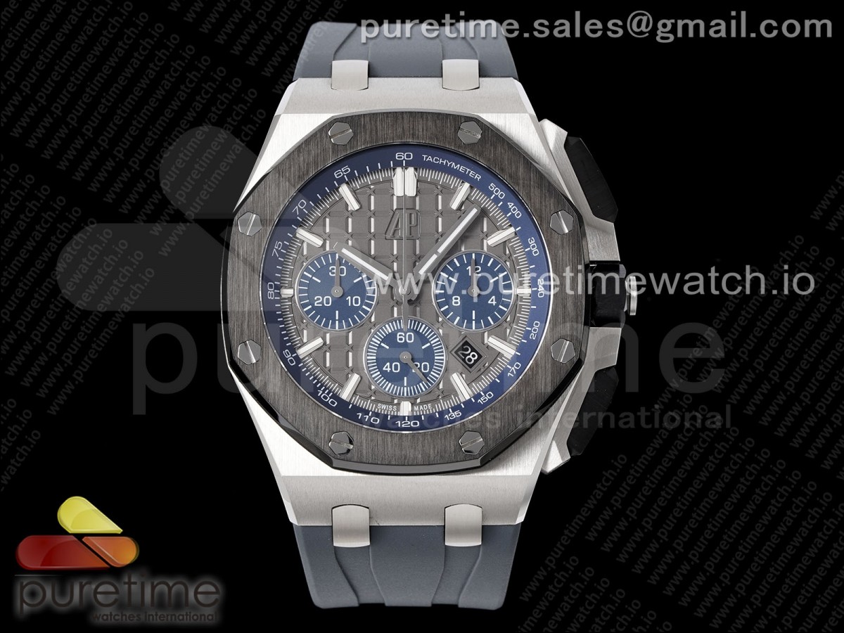 APF 오데마피게 로얄오크 오프쇼어 44미리 세라믹베젤 그레이/블루다이얼 그레이러버스트랩 Royal Oak Offshore 44mm SS Black Ceramic Bezel APF 1:1 Best Edition Gray/Blue Dial on Gray Rubber Strap A4401